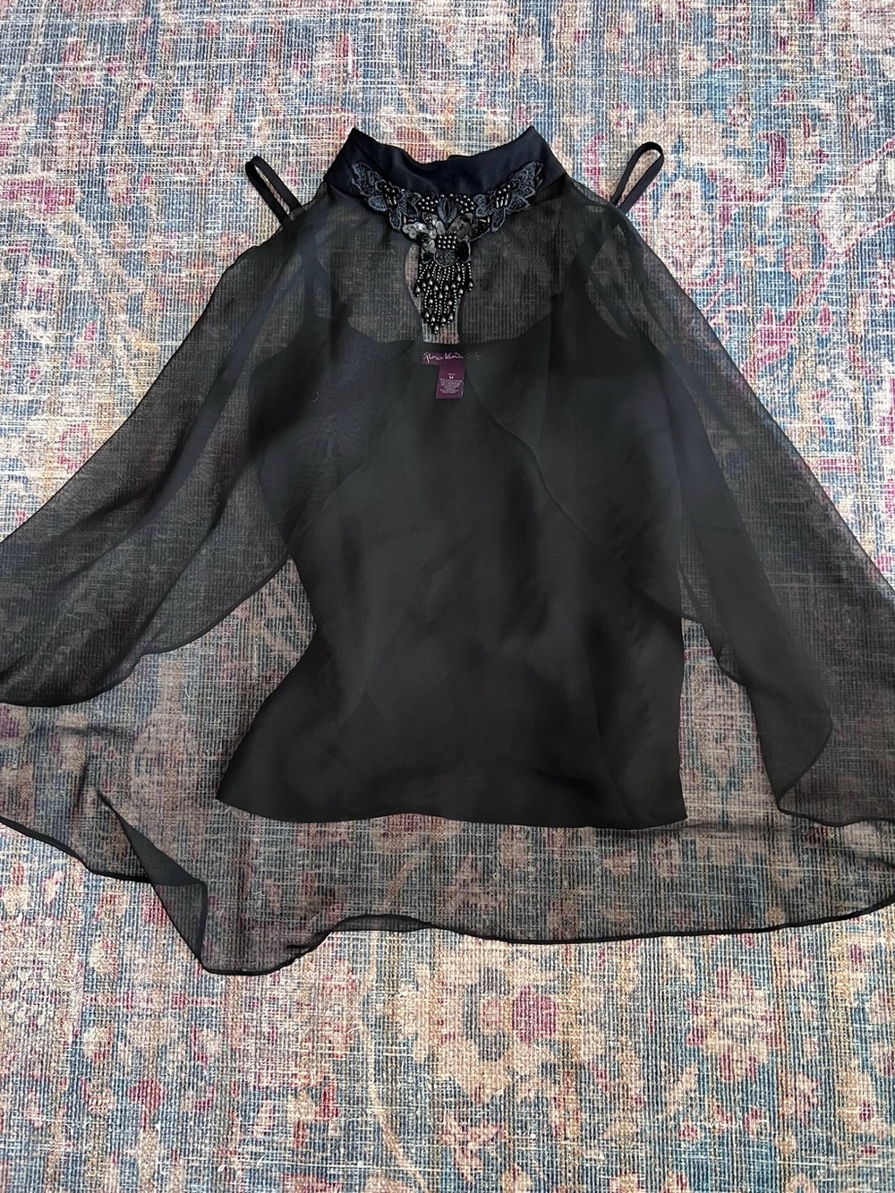 Gloria Vanderbilt Black Sheer Cold-Shoulder Blouse with Beaded Neck
